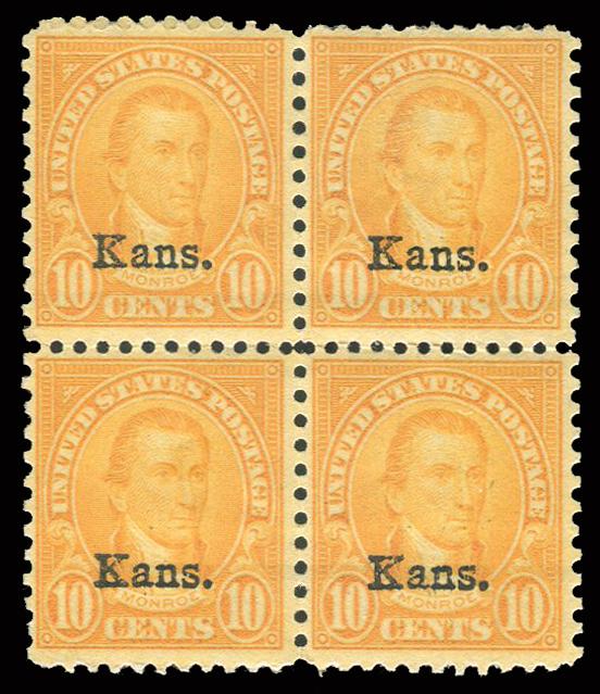 US #668 1929 10c orange yellow, block of four, hinged. Cat. 668