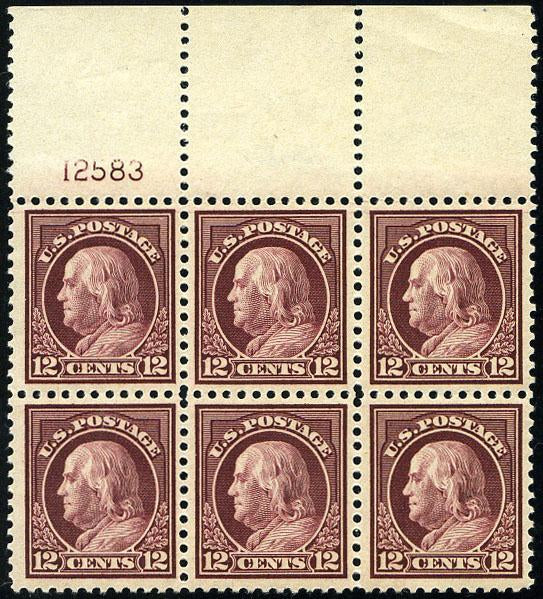 US #512 1917 12c Franklin, block of six with plate number, never hinged but with slightly dried gum. Cat. 512