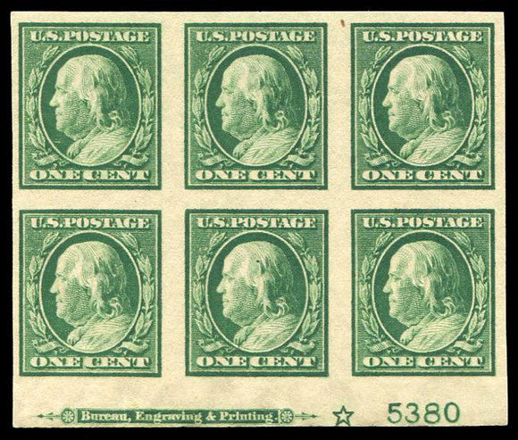 US #343 1908 1c green, bottom plate number block of six, never hinged but with gum skips and marginal gum loss. Cat. 343